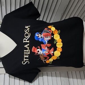 Stella Rosa Womens Black Skeleton & Marigold Graphic T-Shirt Size L
